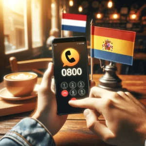 DALL·E 2024 04 16 05.24.43 A person in Spain using a smartphone to dial an 0800 number in the Netherlands with Spanish and Dutch flags in the background to represent the intern 16