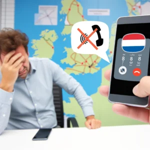 DALL·E 2024 04 16 06.25.47 A frustrated individual in an office trying to call a Dutch 0800 number from a neighboring country using a smartphone only to find it doesnt work. T 12