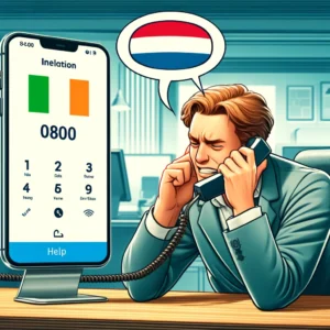 DALL·E 2024 04 16 06.31.14 A person in Ireland using a smartphone to dial a Dutch 0800 number showing frustration because of the inability to connect with visible symbols of I 11