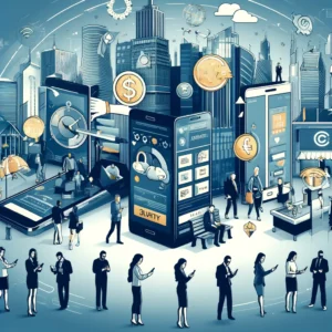 DALL·E 2024 04 16 06.53.09 A conceptual illustration showing various financial services being offered by a modern bank. The image should depict a diverse group of people using d 10