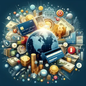 DALL·E 2024 04 16 07.04.23 A conceptual illustration showing various financial and banking symbols such as credit cards coins banknotes and digital transformation icons ref 8