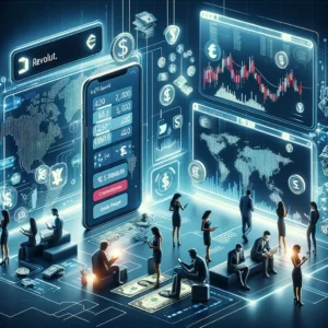 DALL·E 2024 04 16 08.17.26 A conceptual illustration showing various financial activities in a modern setting representing a digital bank like Revolut. The scene includes digit 6