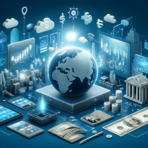 DALL·E 2024 04 16 08.28.27 A conceptual illustration of a financial technology environment showing various features like currency exchange banking apps and modern finance tool 1