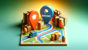 DALL·E 2024 04 17 17.55.50 A visually engaging image representing the concept of an incorrect address issue in online shopping. The scene should depict a stylized map with a hig 1