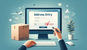 DALL·E 2024 04 18 04.27.28 A modern and helpful illustration showing the importance of accurate address entry in online shopping. The scene should depict a computer screen with 1