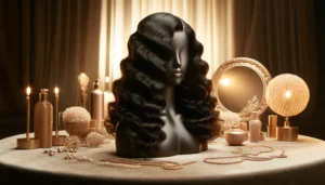 DALL·E 2024 04 18 05.07.46 An elegant and stylish image showcasing a Brazilian deep wave wig. The setting should be sophisticated with a focus on the luxurious texture and natur 1