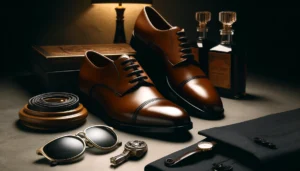 DALL·E 2024 04 18 05.10.26 A luxurious and stylish image showcasing a pair of high quality mens dress shoes. The setting should be sophisticated with a focus on the sleek desig 1