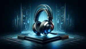 DALL·E 2024 04 18 05.26.56 A sleek and modern illustration of a high end gaming headset. The scene should depict the headset in a stylish and technological environment emphasiz 1