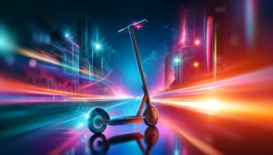 DALL·E 2024 04 18 05.32.16 A vibrant and enticing image showcasing an advanced electric scooter. The setting should reflect a modern urban environment highlighting the scooter 1