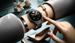 DALL·E 2024 04 18 05.34.54 A chic and eye catching image showcasing a sleek smartwatch on a wrist emphasizing its elegant design and advanced features. The scene should depict 1