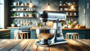 DALL·E 2024 04 18 05.37.27 A vibrant and attractive image of a high quality kitchen mixer in a modern kitchen setting. The mixer should be showcased as the centerpiece emphasiz 1