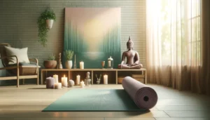 DALL·E 2024 04 18 05.47.15 A beautiful and calming image of a yoga mat in a serene and peaceful home yoga studio setting. The mat should be displayed prominently showcasing its 1