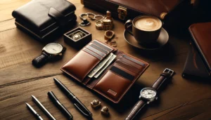 DALL·E 2024 04 18 05.53.01 An elegant and detailed image showcasing a stylish mens leather wallet in a refined setting. The wallet should be open to display its compartments fo 1