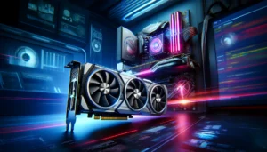 DALL·E 2024 04 18 06.18.07 A modern and vibrant image showcasing a high performance computer graphics card. The scene should depict the graphics card installed in a gaming PC se 1