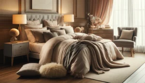 DALL·E 2024 04 18 06.23.22 A cozy and inviting image of a luxury bedding set in a beautifully decorated bedroom. The scene should highlight the plush soft nature of the bedding 1
