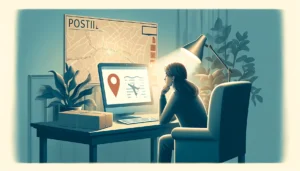 DALL·E 2024 04 18 08.06.52 A serene and informative illustration depicting a customer looking at a postal map or tracking information on a computer screen trying to locate wher 1