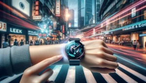 DALL·E 2024 04 19 06.29.25 A chic and eye catching image showcasing a sleek smartwatch on a wrist set against a backdrop of a bustling city street. The smartwatch should be hig 1