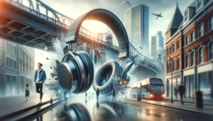 DALL·E 2024 04 19 06.32.23 An elegant and detailed image showcasing a stylish pair of wireless headphones in a trendy urban setting. The headphones should be featured prominentl 1