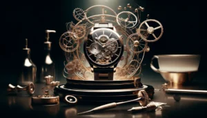 DALL·E 2024 04 19 06.37.13 An inviting and artistic image of a luxury watch displayed in a classy setting. The watch should be the focal point highlighting its intricate design 1