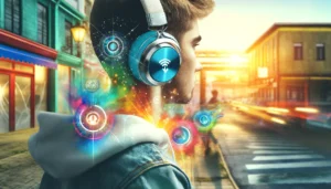 DALL·E 2024 04 19 06.46.01 A captivating and colorful image showcasing a set of high quality Bluetooth headphones in a lifestyle setting. The headphones should be the focus dep 1