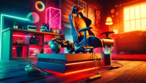 DALL·E 2024 04 19 06.58.32 A vibrant and enticing image showcasing an advanced gaming console setup in a cozy home environment. The console should be prominently displayed along 1