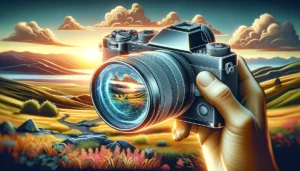 DALL·E 2024 04 19 07.01.42 A stylish and modern image depicting a high quality digital camera in an outdoor photography setting. The camera should be showcased being used by a p 1