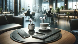 DALL·E 2024 04 19 07.57.07 A sophisticated and modern digital lifestyle scene showcasing a pair of high end wireless earbuds. The setting should be an upscale urban environment 1