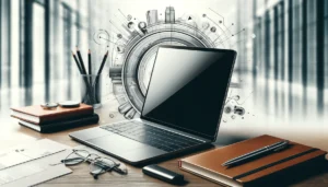 DALL·E 2024 04 19 08.12.07 A chic and modern image illustrating a sleek laptop in a professional setting. The laptop should be open and display a clear vibrant screen. Include 1