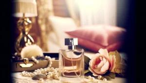 DALL·E 2024 04 19 08.19.31 An engaging and lively image depicting a sophisticated perfume bottle in a luxurious setting. The perfume should be showcased on an elegant vanity or 1