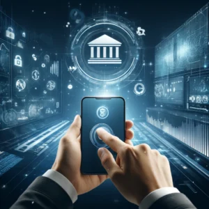 DALL·E 2024 04 21 17.33.28 A modern sleek digital banking environment showing a person using a smartphone with a banking app open. The background features high tech elements an 2