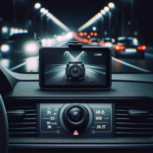 DALL·E 2024 04 22 05.21.16 A car dashboard at night featuring a digital dash cam display. The camera records the dimly lit road ahead capturing clear and detailed images despit 1