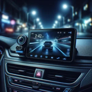 DALL·E 2024 04 22 05.29.16 A car dashboard at night illuminated by the glow of a digital dashboard camera screen showing a clear and detailed display. The atmosphere is modern 1