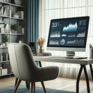 DALL·E 2024 04 22 06.17.22 A serene and orderly home office setting with a computer displaying graphs and data analysis software reflecting a modern professional home workspac 1