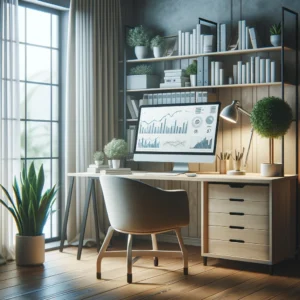 DALL·E 2024 04 22 06.40.06 A serene and orderly home office setting with a computer displaying graphs and data illustrating an ideal work from home environment. The office is w 1