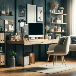 DALL·E 2024 04 22 06.47.29 A modern home office setup showcasing a stylish and orderly arrangement. The scene includes a spacious desk with a computer various office supplies 1
