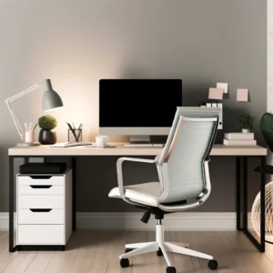 DALL·E 2024 04 22 06.54.15 A serene and orderly home office setup showcasing a stylish and minimalist design. The room features a large desk with a modern computer setup comfo 1