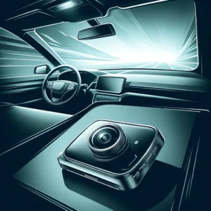 DALL·E 2024 04 24 08.07.59 An illustration of a sleek and modern dash cam installed in a car showing a clear view through the windshield with the road ahead visible. The dash c 1