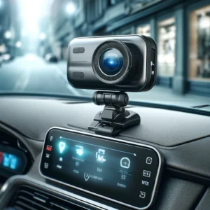 DALL·E 2024 04 24 08.08.12 A realistic and detailed illustration of a high quality car dash cam installed on the windshield of a vehicle showing a clear view through the front 1