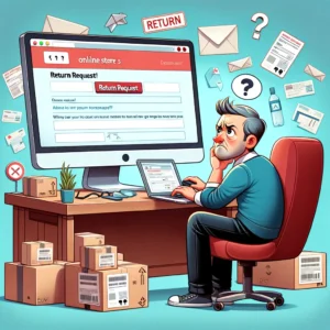 DALL·E 2024 04 24 20.34.17 An illustration of a frustrated customer sitting in front of a computer trying to navigate an online stores return policy page. The computer screen 1