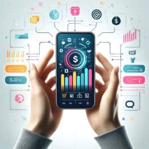 DALL·E 2024 04 25 05.00.58 A modern and sleek design of a digital banking interface displayed on a smartphone held by hands of a young adult. The smartphone screen shows colorf 1