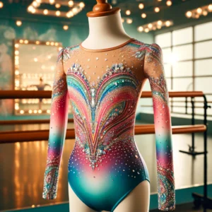 DALL·E 2024 04 25 05.09.35 A colorful and stylish kids ballet leotard displayed on a mannequin. The leotard features a patterned gradient body suit with long sleeves adorned wi 1