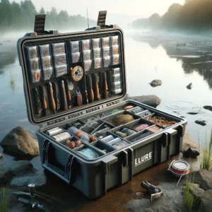 DALL·E 2024 04 25 05.29.11 A detailed and realistic scene of a large capacity waterproof ILURE Fishing Tackle Box placed on a riverbank. The tackle box is open showing compart 1