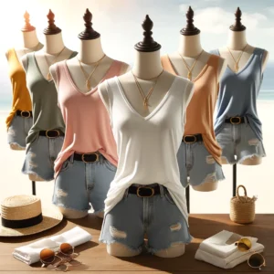 DALL·E 2024 04 25 05.33.00 A fashionable display of womens V neck tank tops in various solid colors neatly arranged in a summer outdoor setting. The tank tops are shown on man 1