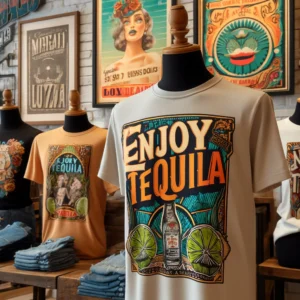 DALL·E 2024 04 25 05.36.16 A stylish and colorful display of vintage inspired Enjoy Tequila graphic tees on mannequins. The T shirts feature a bold retro design with fun typog 1