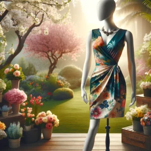 DALL·E 2024 04 25 05.40.10 A sophisticated and vibrant display of a womens spring and summer fashion dress. The dress is sleeveless with a wrapped hip design and a colorful pr 1