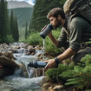 DALL·E 2024 04 25 05.57.28 A realistic and functional scene depicting the use of the Westtune Outdoor Mini Water Filter in a wilderness setting. The image shows a hiker using th 1