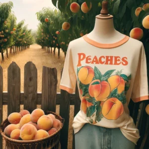 DALL·E 2024 04 25 06.17.53 A playful and nostalgic scene featuring the Vintage Peaches Printed Graphic Tees. The T shirts are displayed on a mannequin in a summer setting sur 1