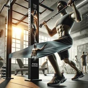 DALL·E 2024 04 25 06.25.14 A dynamic fitness scene showing a person using the Workout Pilates Latex Resistance Band. The user is performing a pull up exercise with the assistanc 1
