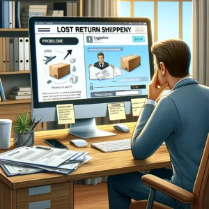 DALL·E 2024 04 27 07.37.12 A visually engaging image illustrating the process of handling a lost return shipment. The image should depict a frustrated customer looking at a comp 1