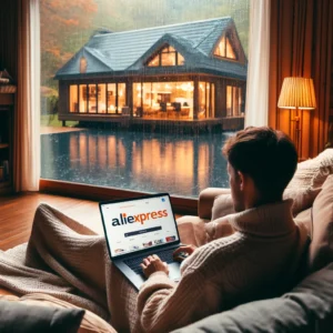 DALL·E 2024 04 27 07.52.24 A cozy indoor scene depicting a person shopping online on their laptop during a rainy day. The setting is a luxurious vacation home reminiscent of Ho 1